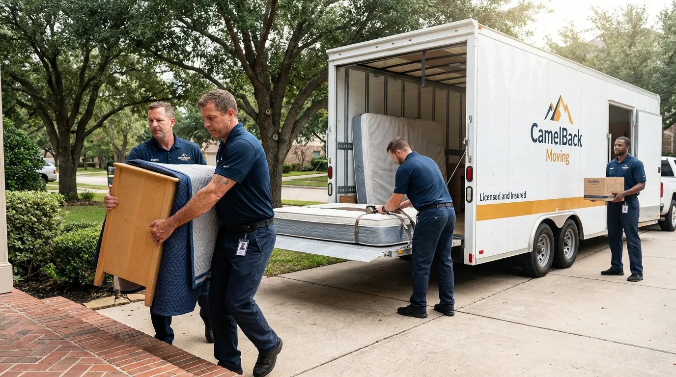 Crew loading residential truck for cross-state move from Lakefield, MN