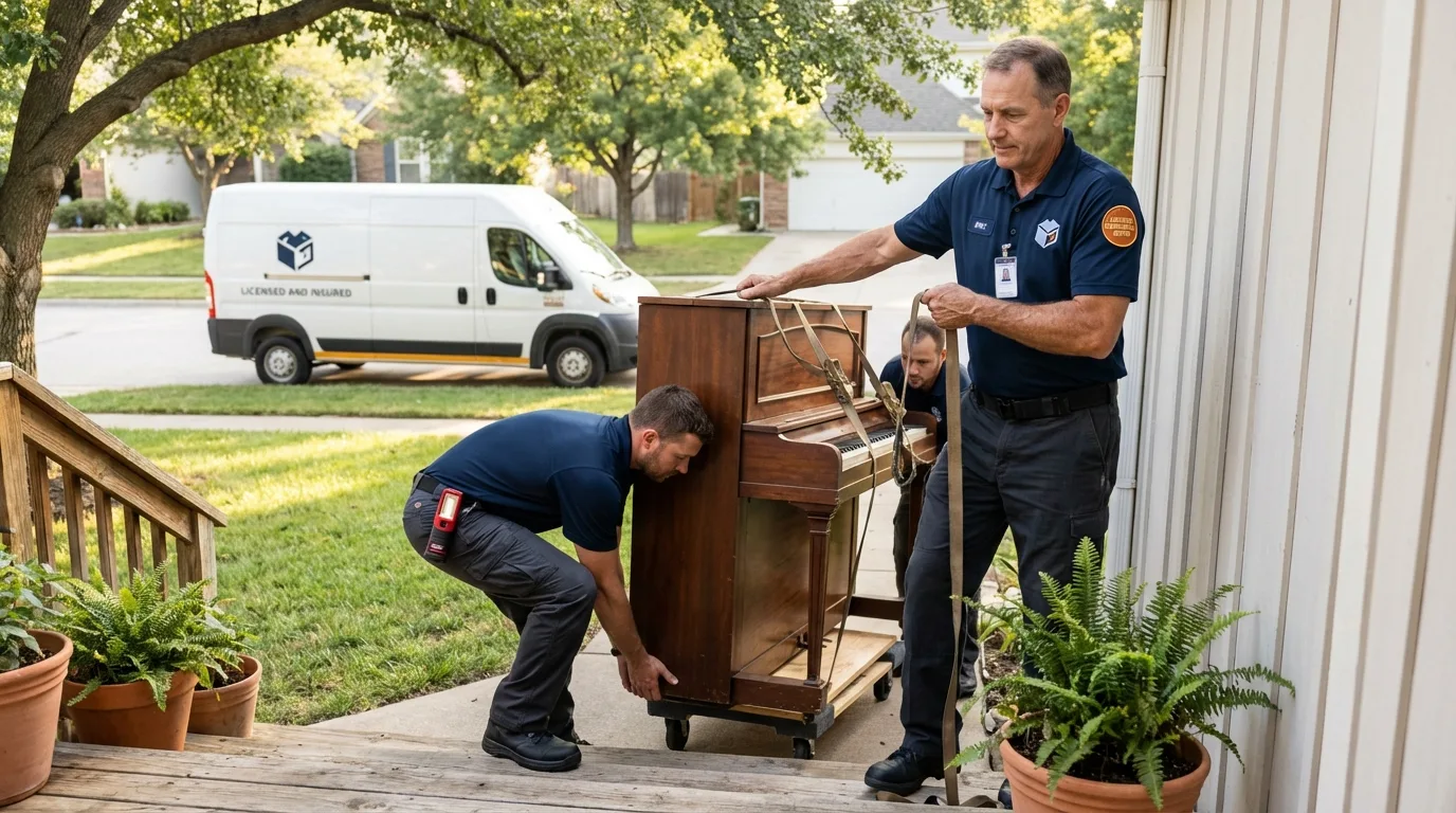 Licensed piano movers securing grand piano in Lakefield, MN