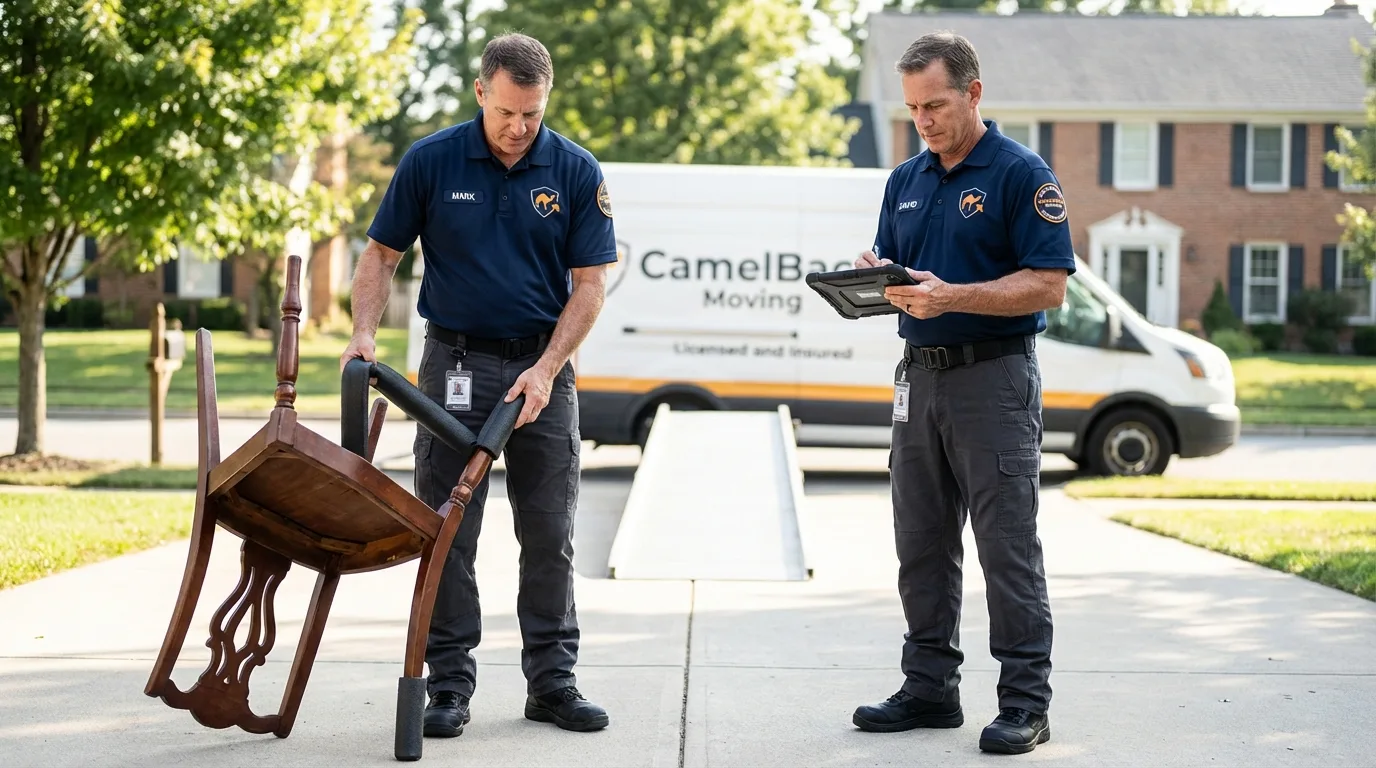 Movers inspecting furniture for damage prevention before loading in Lakefield, MN