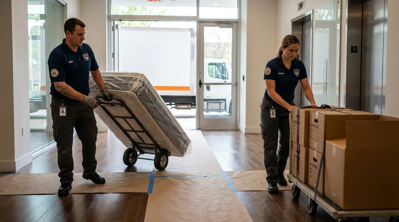 Professional apartment movers loading elevator in Lakefield, MN