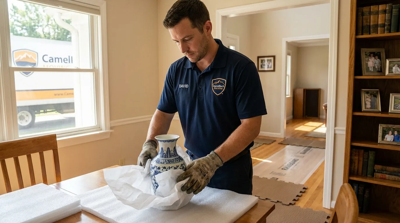 Professional crew carefully wrapping antique vase for senior downsizing move in Lakefield, MN