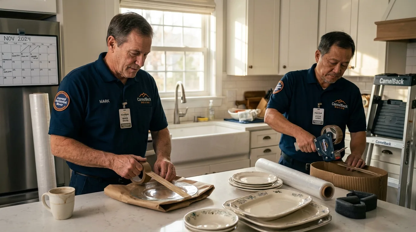 Professional crew packing kitchen dishware in Lakefield, MN